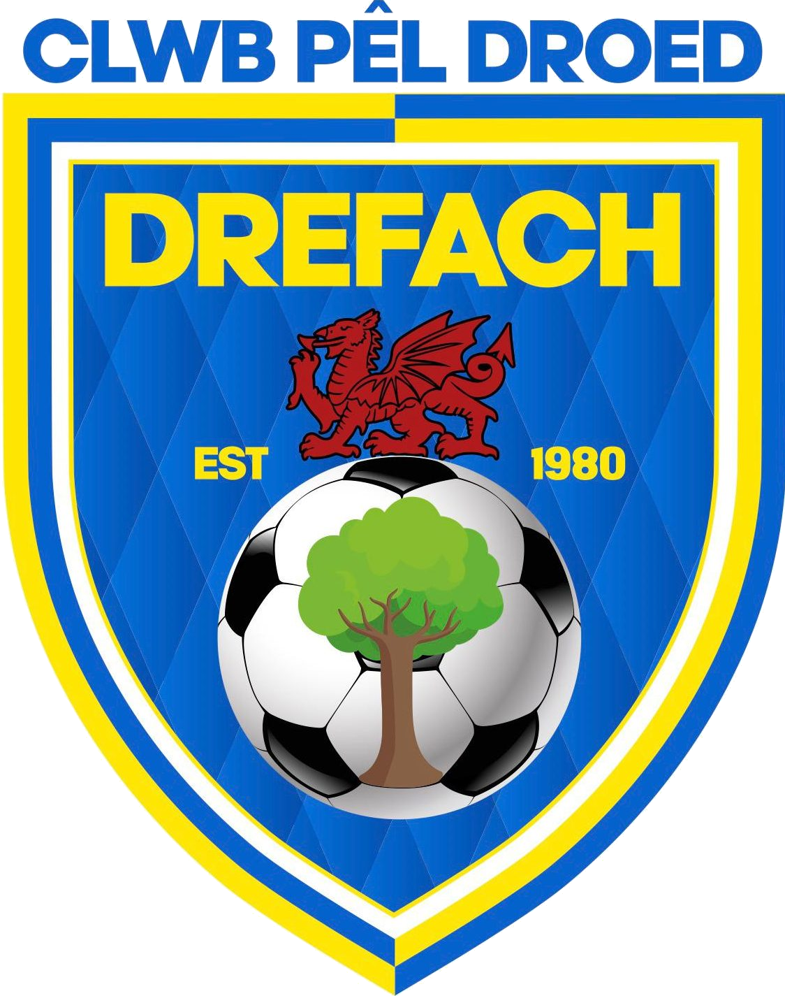 Drefach FC club crest in full, featuring the Welsh dragon and an oak tree inside a football, with 'Est. 1980' either side